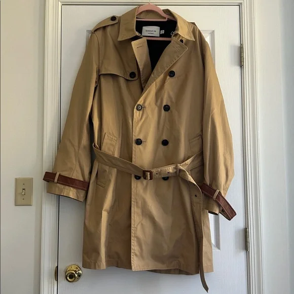 NWT COACH Men’s Trench Coat Khaki Beige Color Size XXL Leather details - Picture 5 of 16